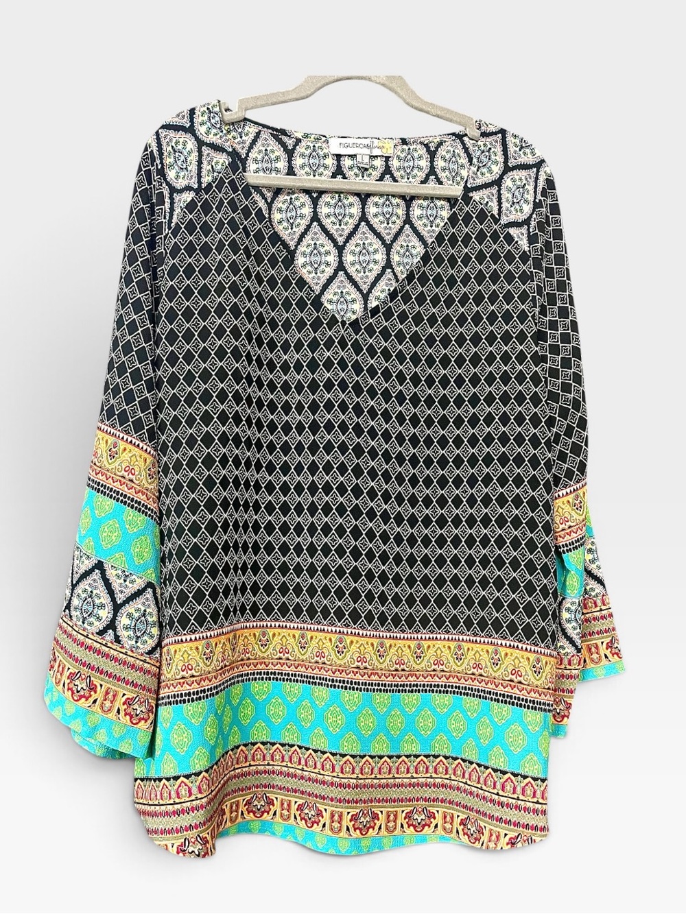 Figueroa & Flower Womens Boho Tunic V-Neck Multicolor Lightweight Size L